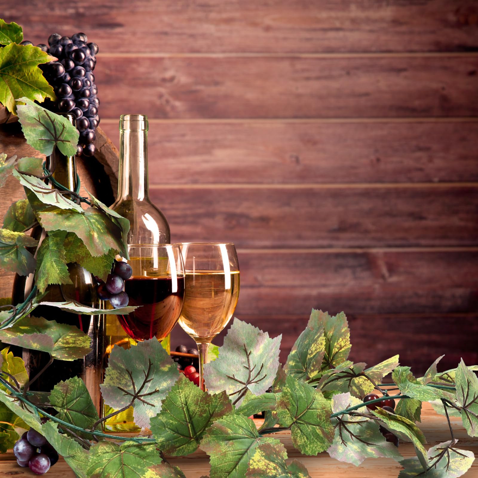 Mantel decoration with Glitinsel grape garland and leaves.