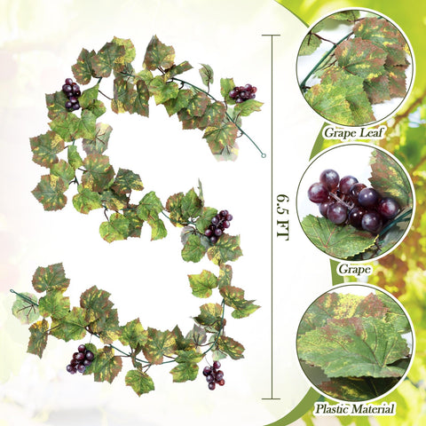 Close-up of Glitinsel grape leaves with deep purple grape clusters.