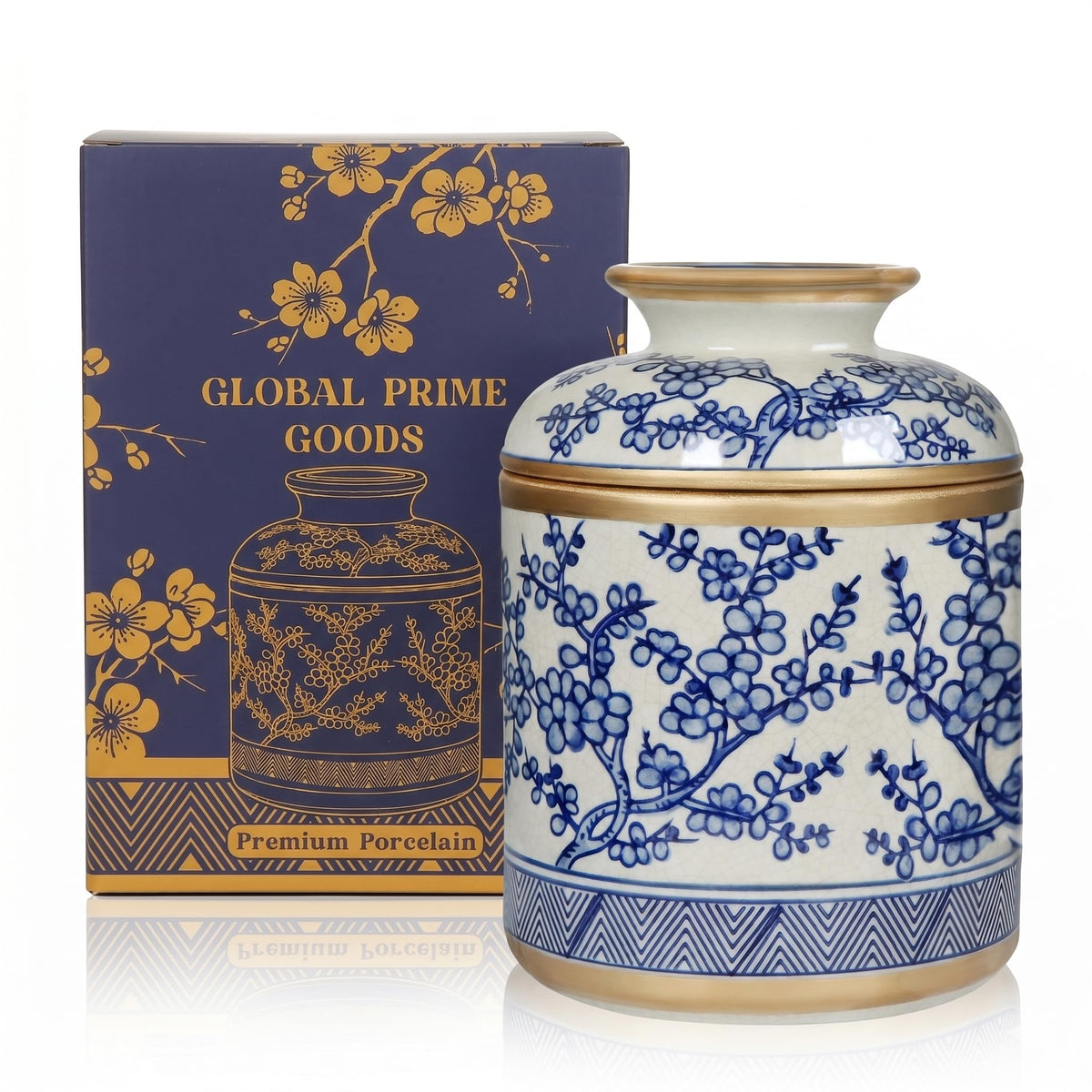 GLOBAL PRIME GOODS Tissue Vessel with lid in blue and white chinoiserie pattern for refined surfaces.