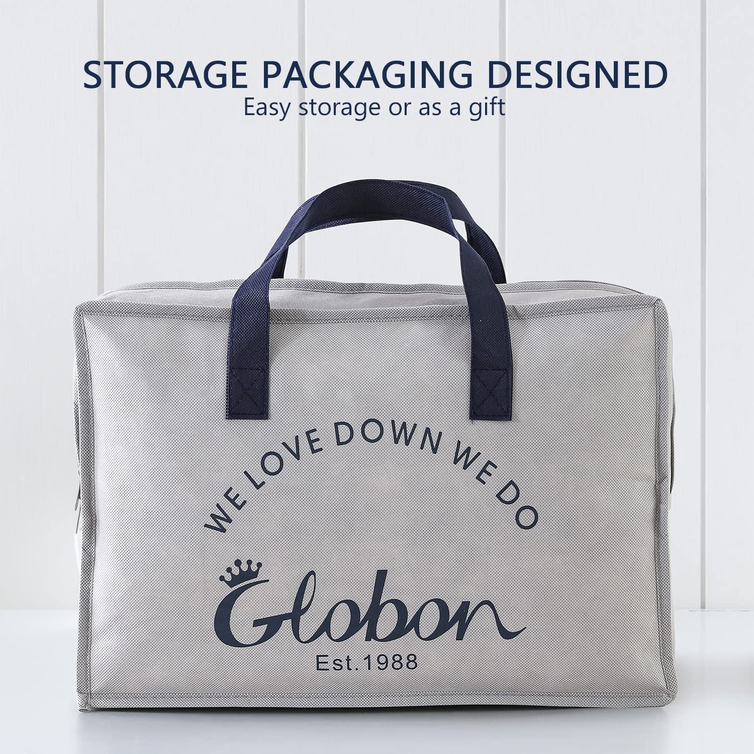 Globon lightweight duvet packaging front view highlights portability.