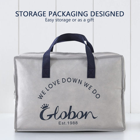 Globon lightweight duvet packaging front view highlights portability.