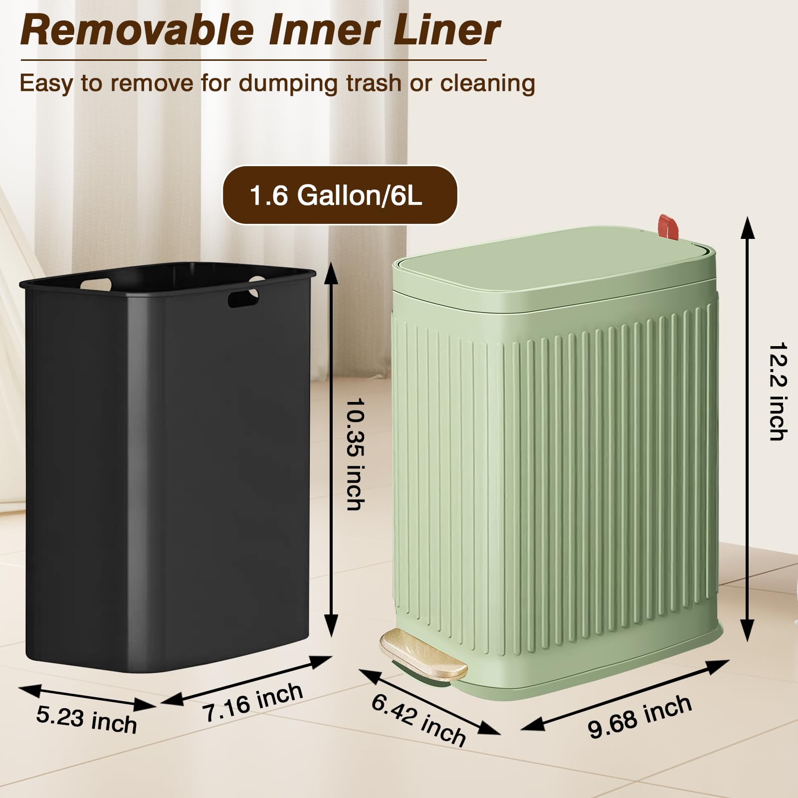 GloDeals Slim Trash Can includes bag retainer to secure liners.