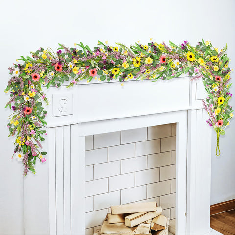 GLOMAXLY 6 ft wildflower garland with wisteria, lavender, and daisies for year-round decor.