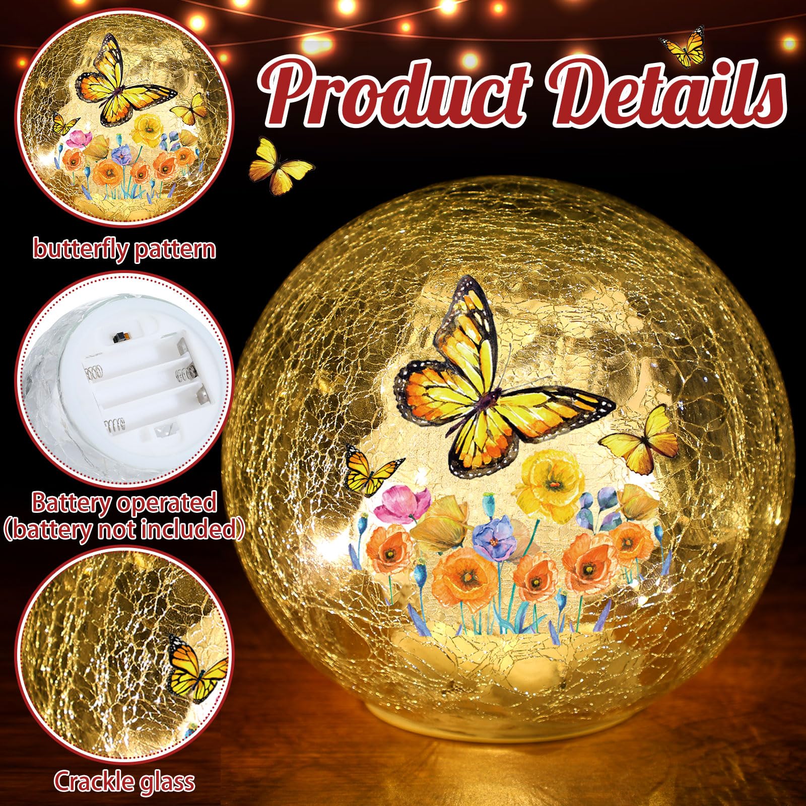 Glooglitter butterfly crackle glass ball 15cm serves as a striking centerpiece with warm light