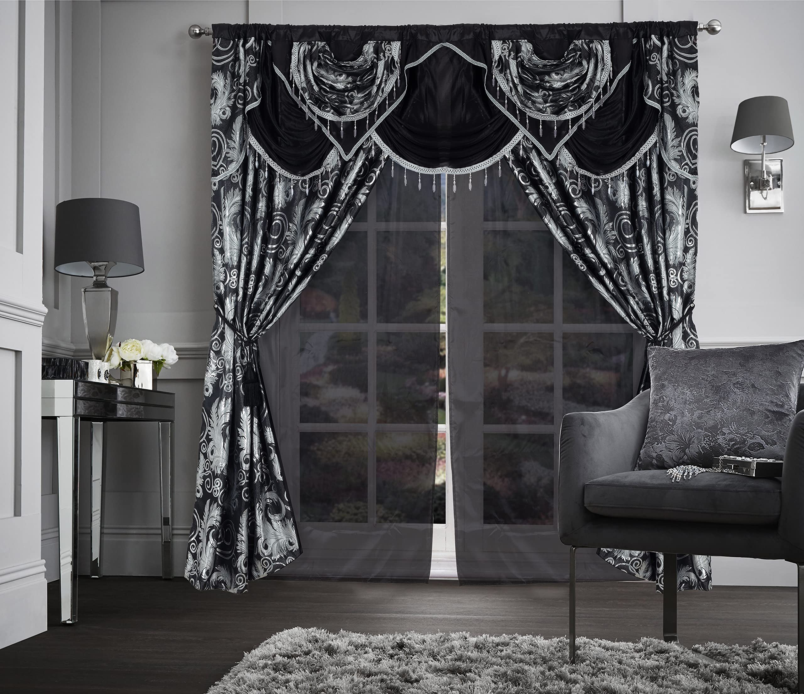 GLORY RUGS Jacquard panels with backing provide privacy and a sophisticated living room vibe.