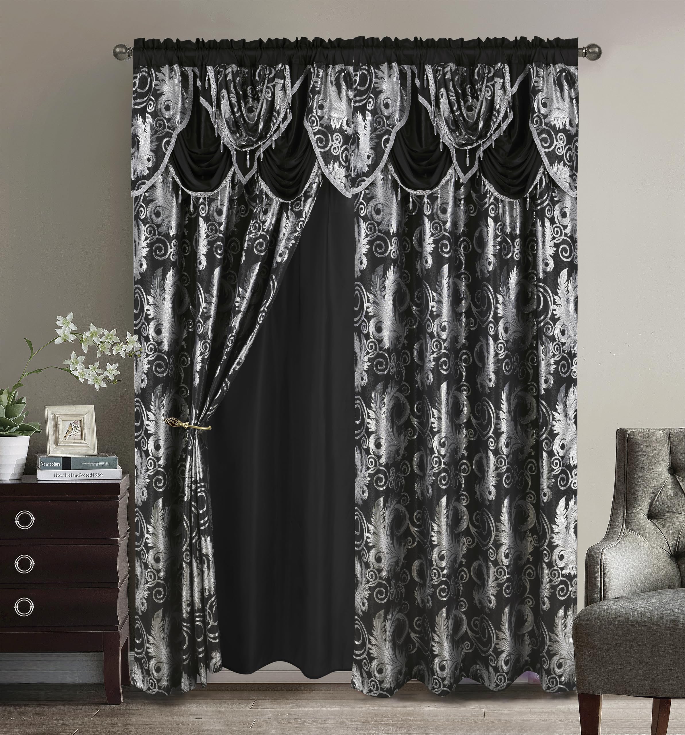 GLORY RUGS Jacquard luxury window panel set with attached valance enhances bedroom aesthetics.
