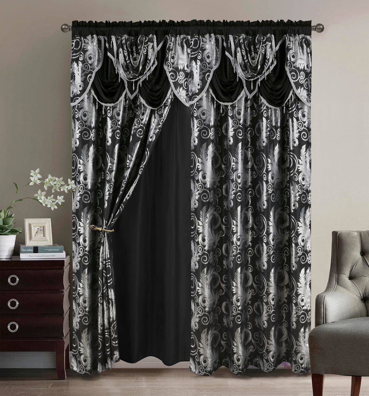 GLORY RUGS Jacquard luxury window panel set with attached valance enhances bedroom aesthetics.