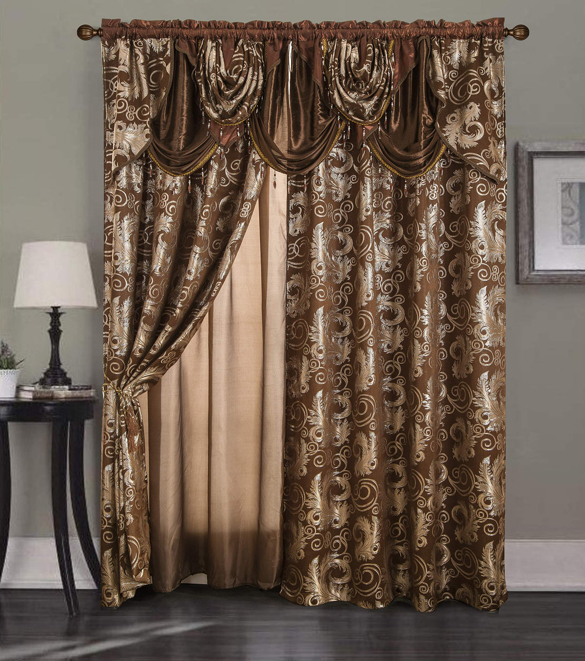 Glory Rugs jacquard brown curtain on rod with easy installation