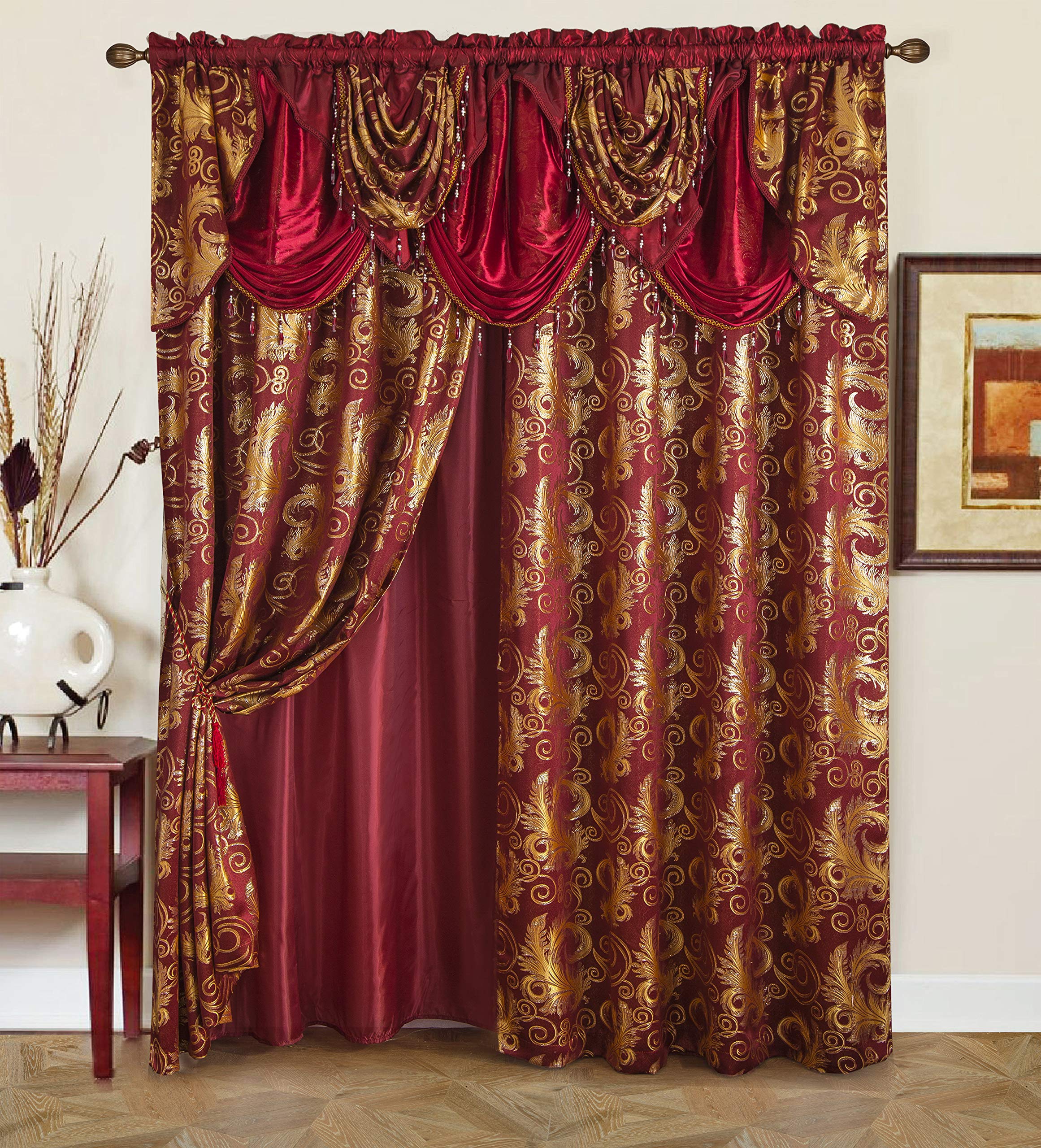 GLORY RUGS Jana curtain burgundy gold 2-panel enhances windows with elegant jacquard texture.