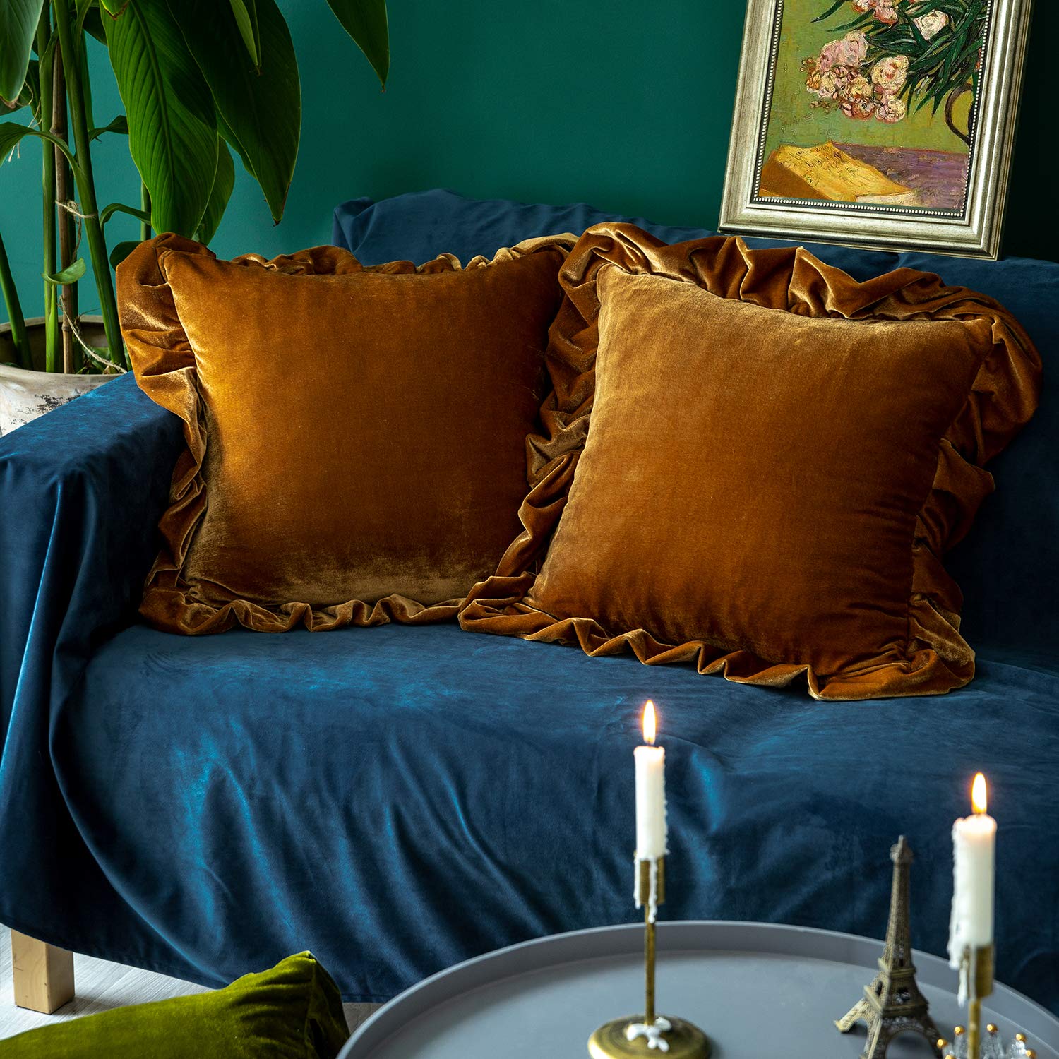 GLORY SEASON velvet pillow cover in golden camel adds luxe texture to your sofa