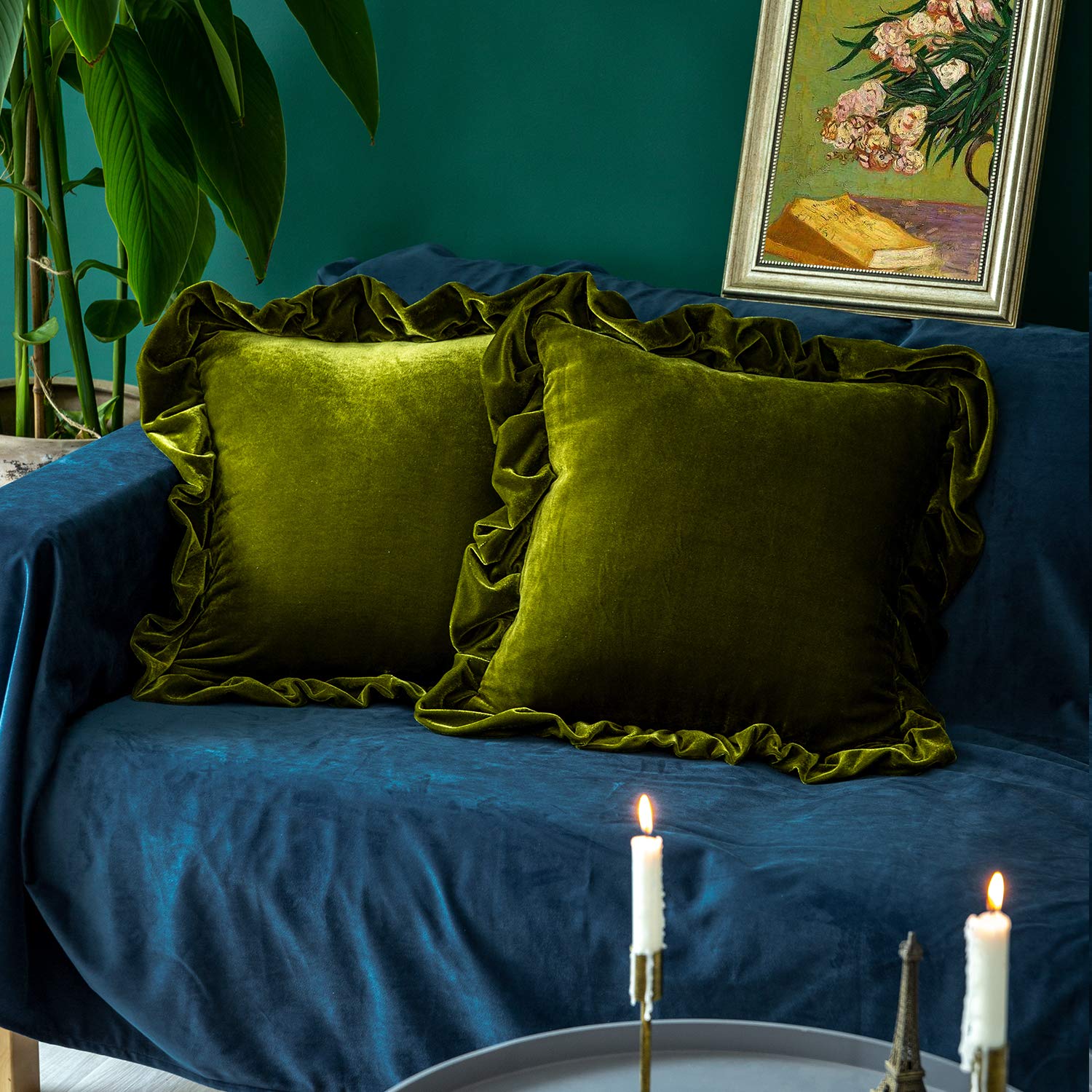 Glory Season velvet throw pillow cover front view in olive green