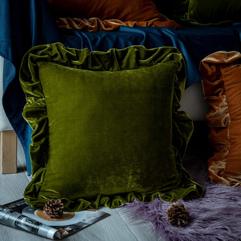 Glory Season velvet throw pillow cover with pleated edges in olive green