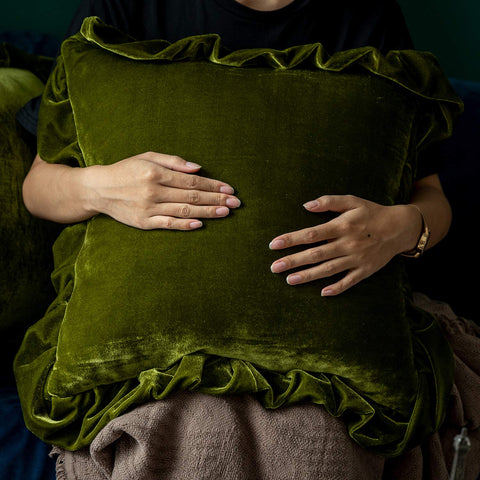 Glory Season velvet pillow cover hidden zipper close-up in olive green