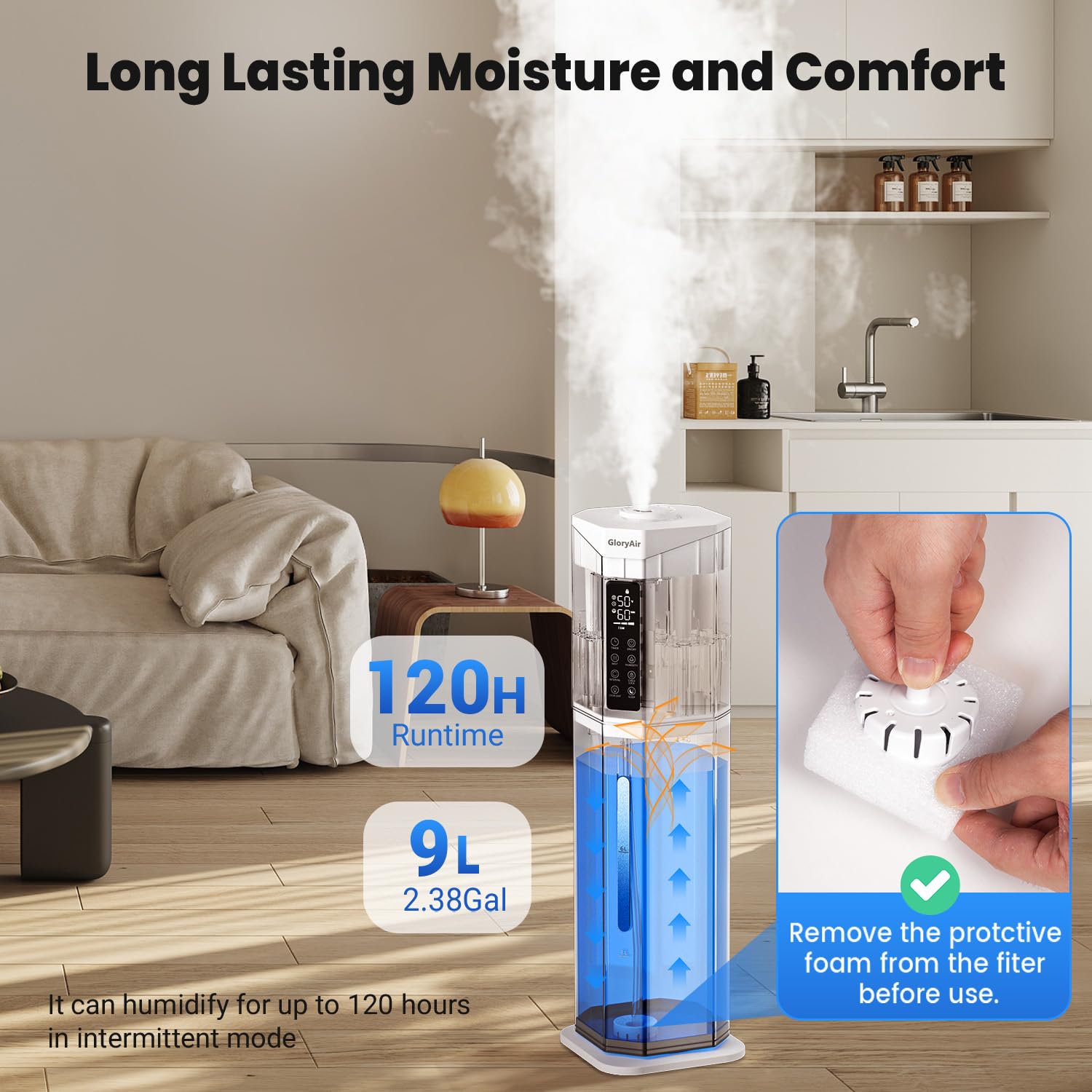 GloryAir humidifier 7-color lights enhance ambiance in any room.