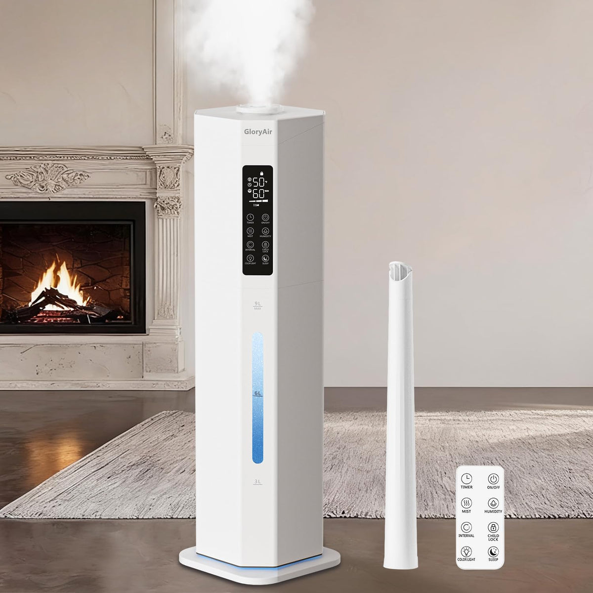 GloryAir humidifier top-fill design for easy refills in bedrooms.