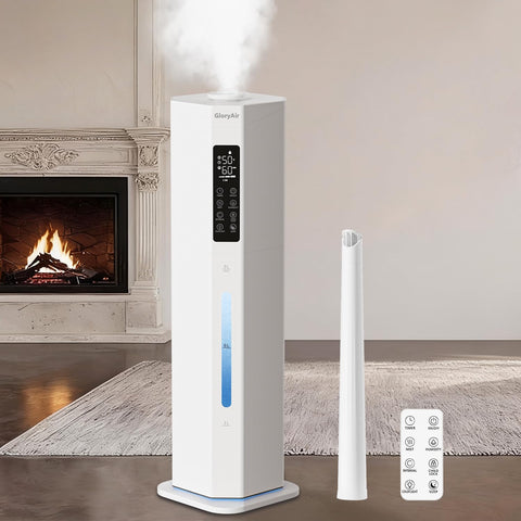 GloryAir humidifier top-fill design for easy refills in bedrooms.