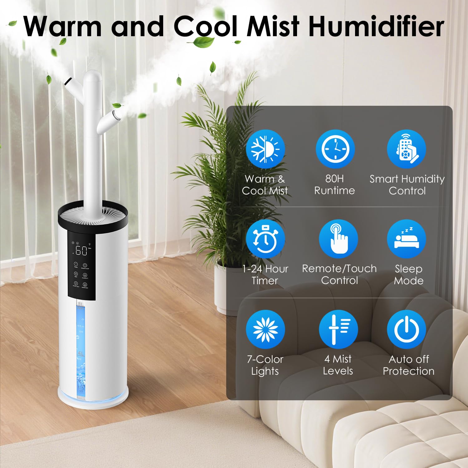 GloryAir humidifier covers up to 650 sq ft with even distribution.