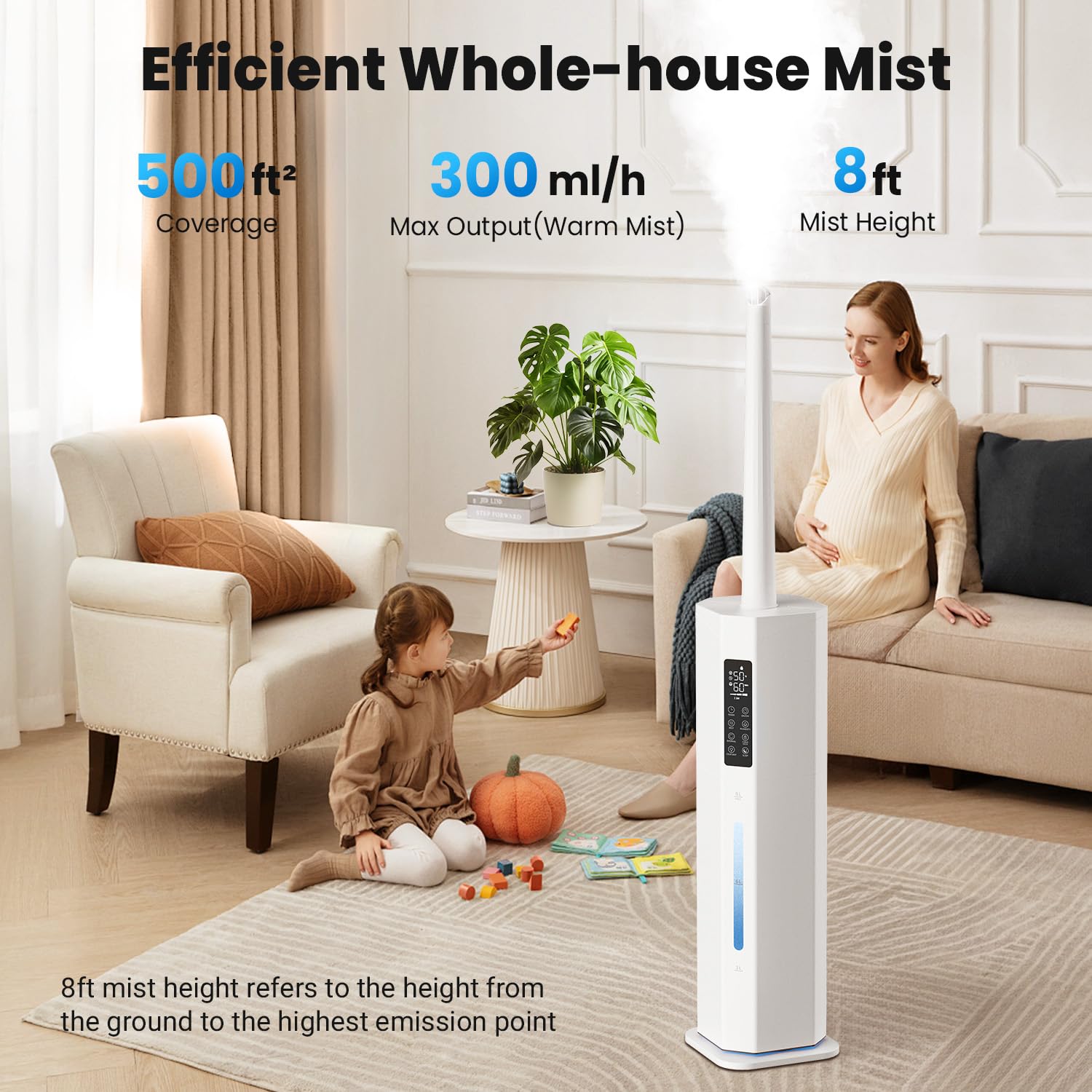 GloryAir humidifier large-room setup with up to 500 sq ft coverage.