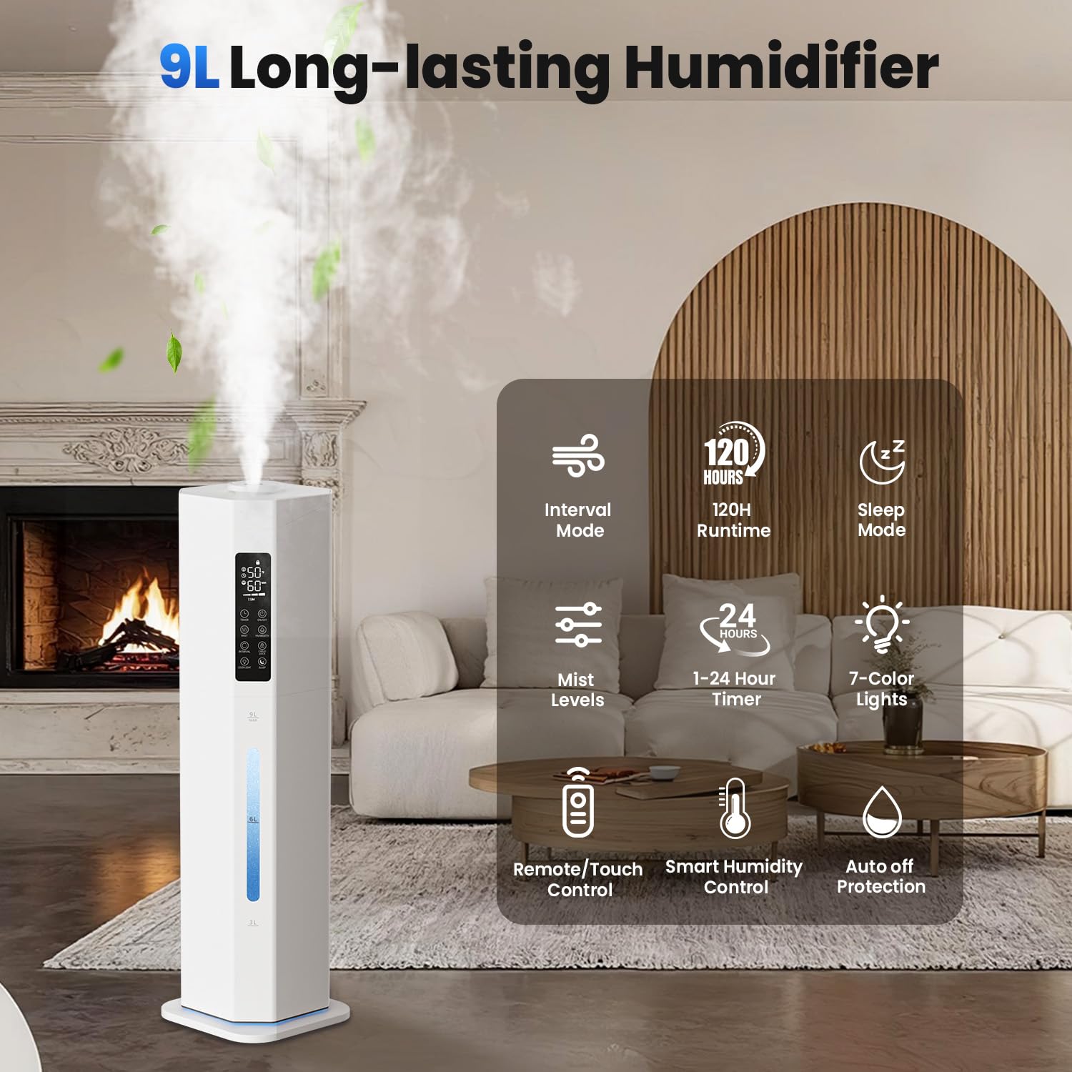 GloryAir humidifier remote and touch control for convenient adjustments.