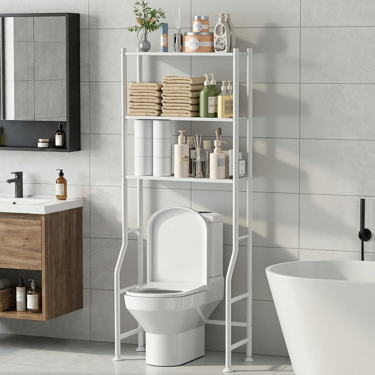 GloTika 3-Tier Over Toilet Shelf keeps bathroom essentials organized above the toilet