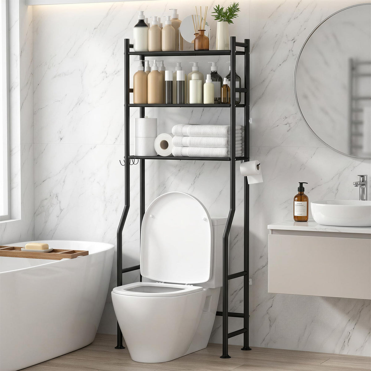 GloTika 3-tier over-toilet storage with anti-tilt system for stable bathroom organization.