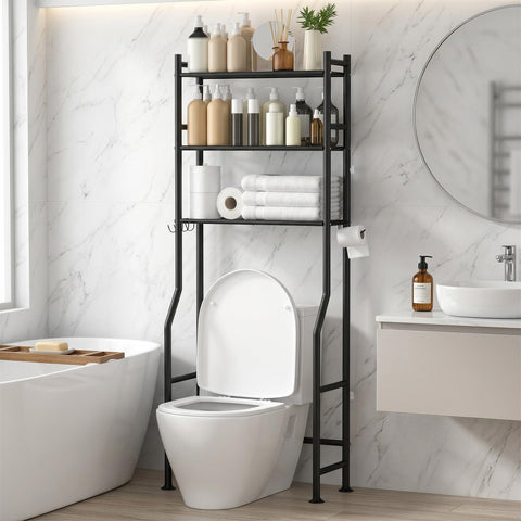 GloTika 3-tier over-toilet storage with anti-tilt system for stable bathroom organization.