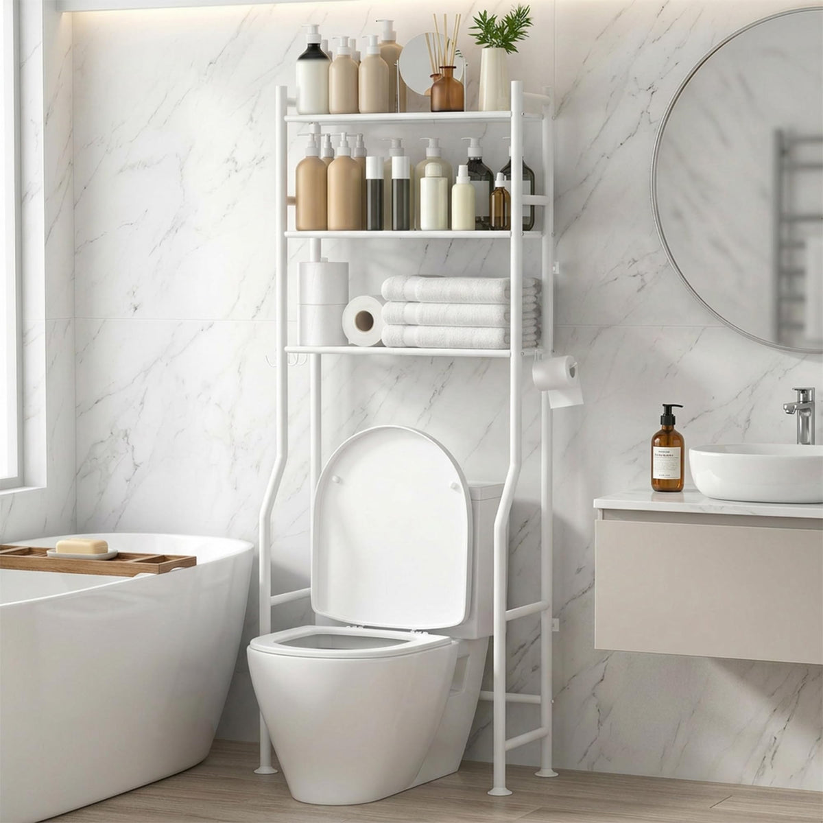 GloTika three-tier over-toilet storage, assembled, showcasing compact bathroom organization.