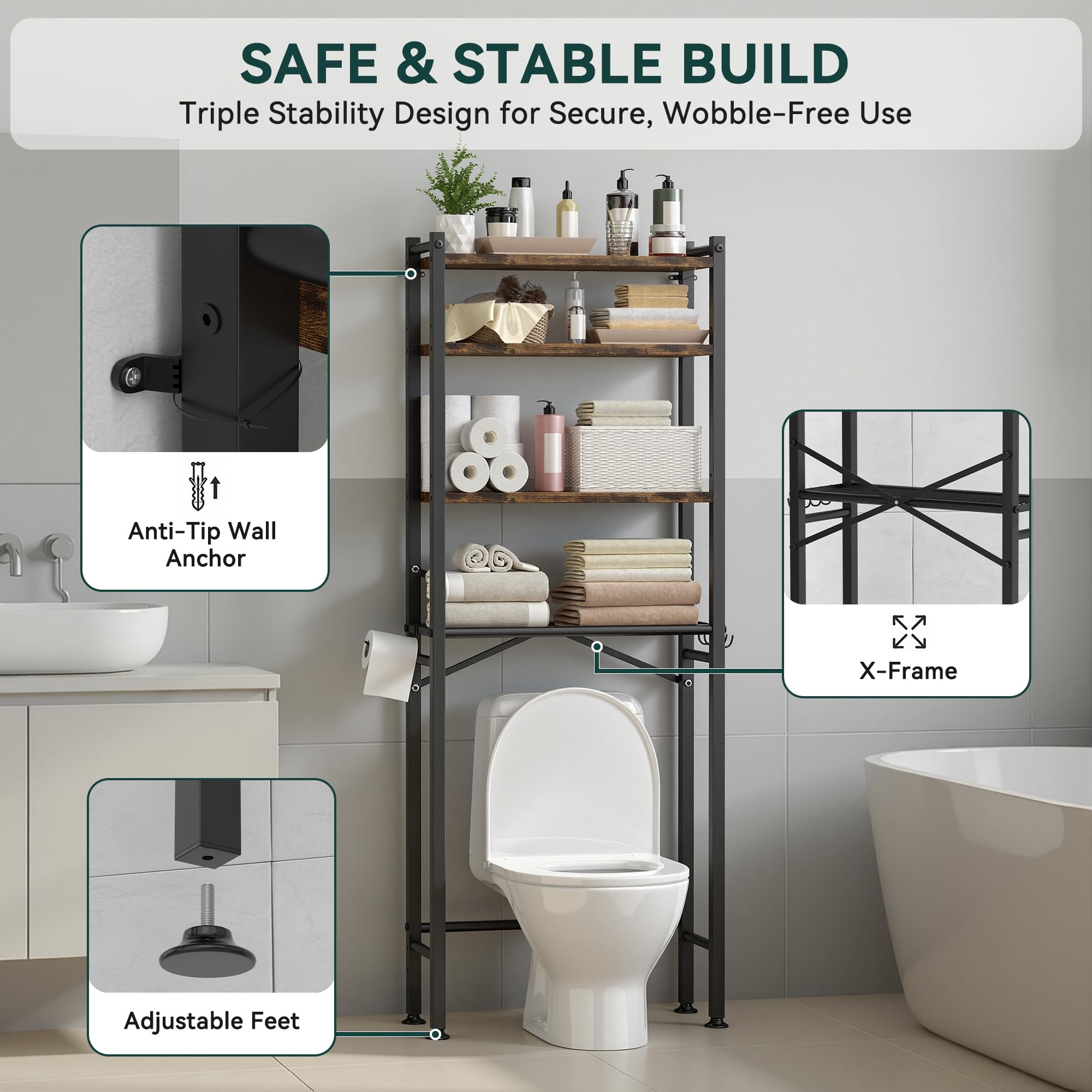 GloTika 4-Tier rack wooden shelves detail reveals adjustable space for bottles.