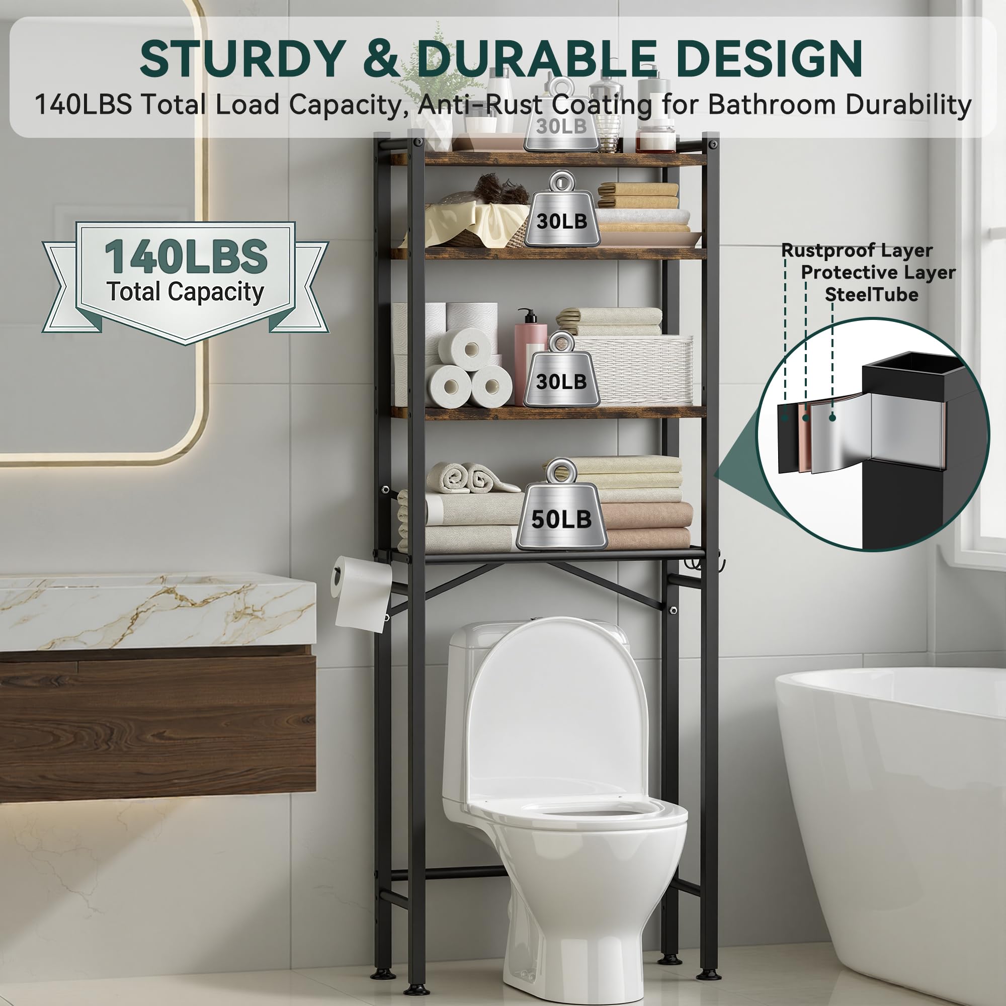 GloTika 4-Tier rack top view emphasizes generous vertical storage above the toilet.