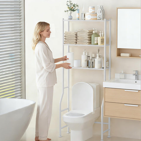 GloTika bathroom organizer with mesh shelves provides easy access to towels and toiletries