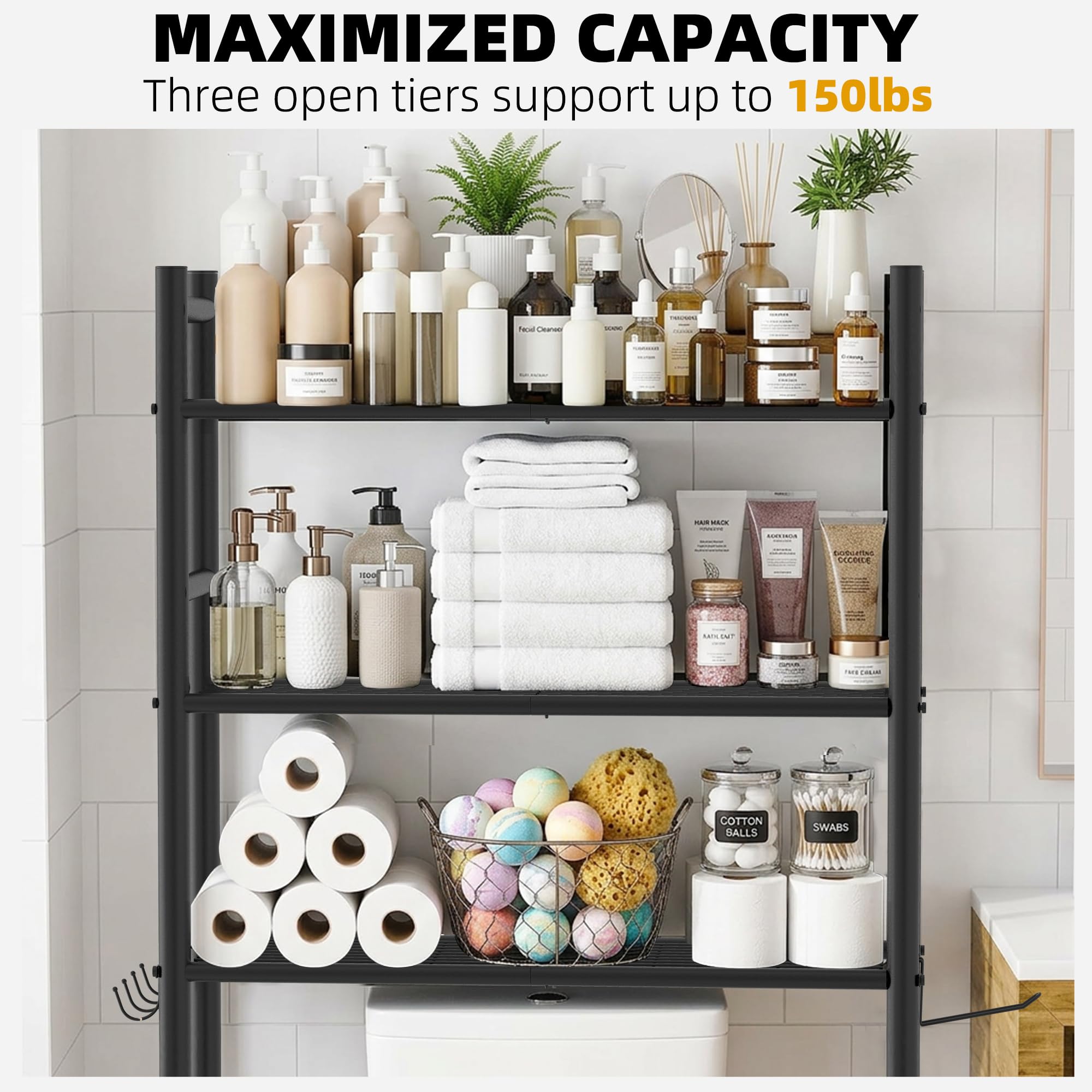 GloTika bottom shelf at 39 inches supports standard toilet lid movement.