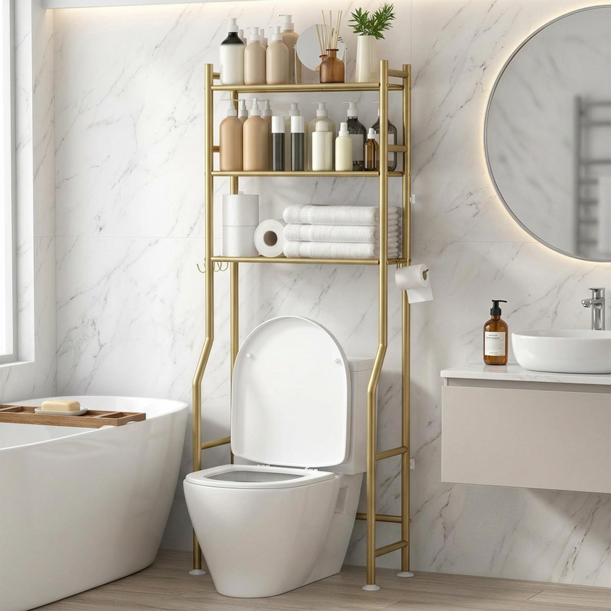 GloTika 3-Tier Over Toilet Storage front view maximizing bathroom organization without wall mounting