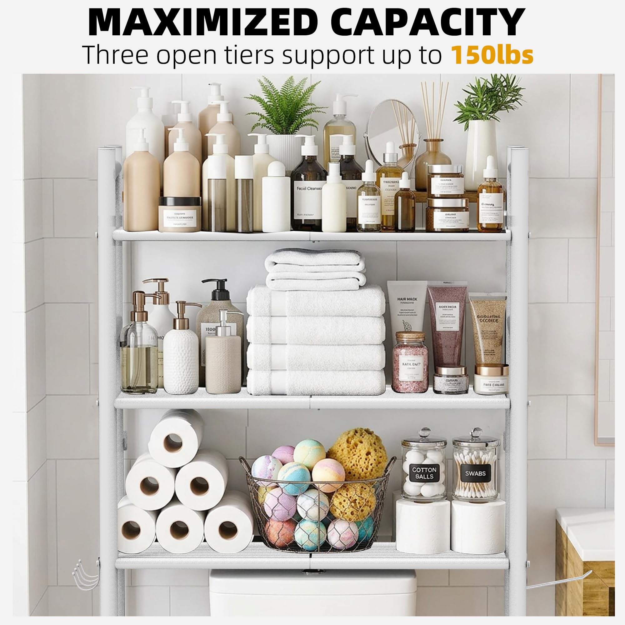 Three open shelves offer easy reach to towels and essentials.