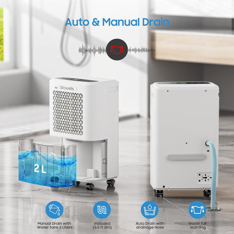 Glowells dehumidifier auto tank-full indicator helps monitor water.