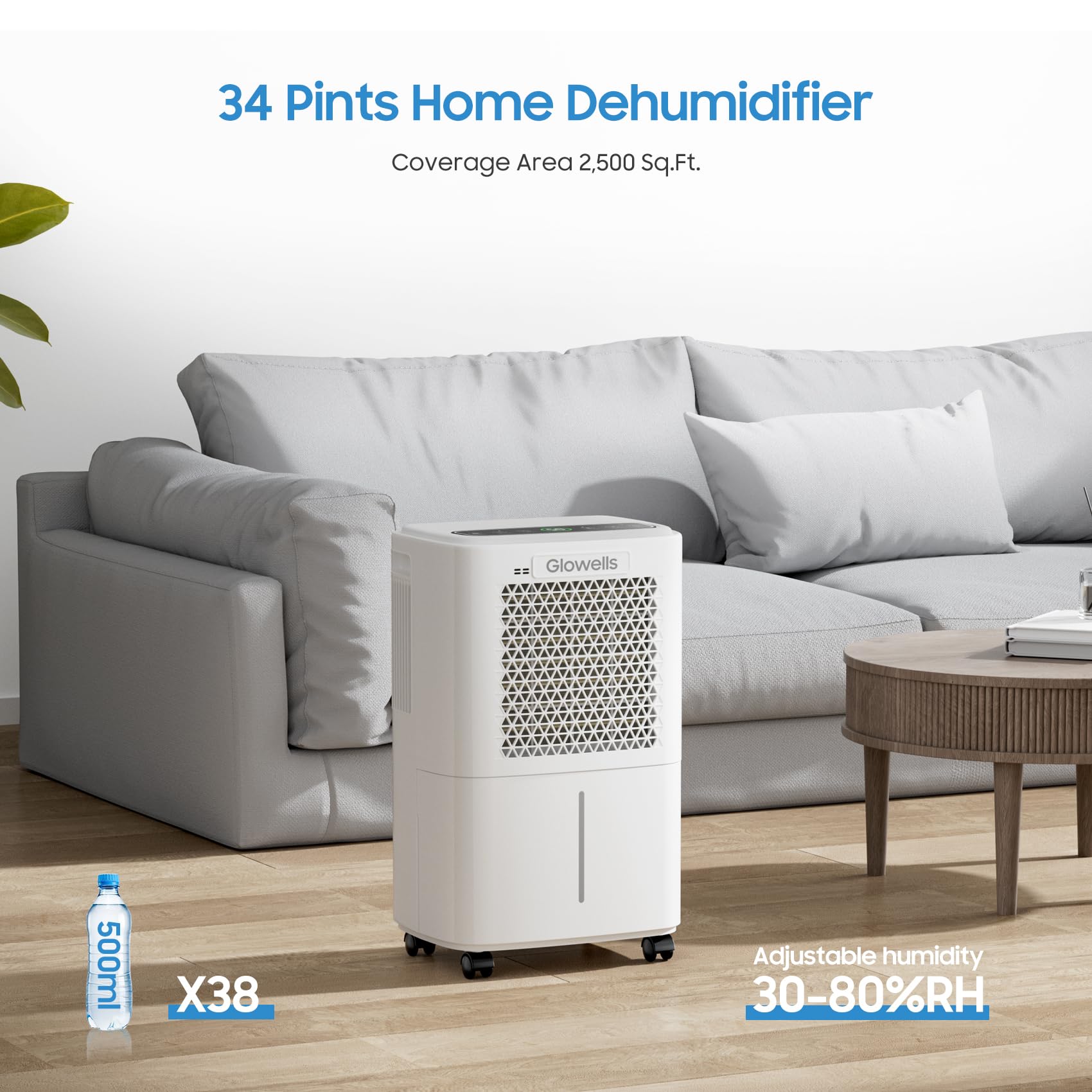 Glowells dehumidifier with drain hose included for continuous drainage setup.