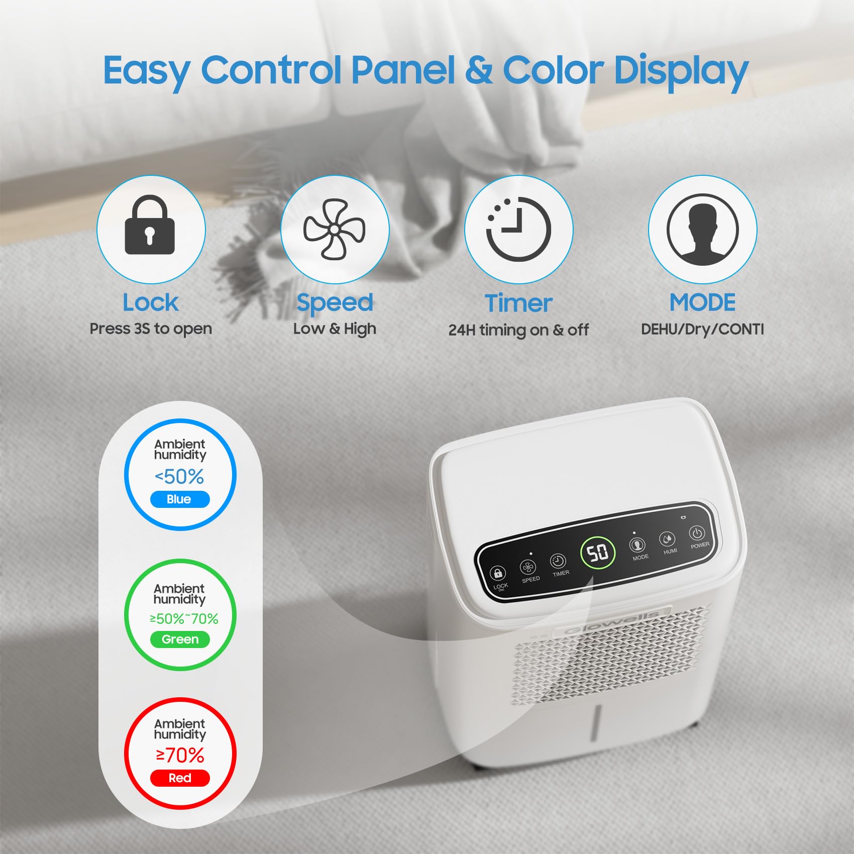 Glowells dehumidifier front panel controls for easy humidity adjustments.