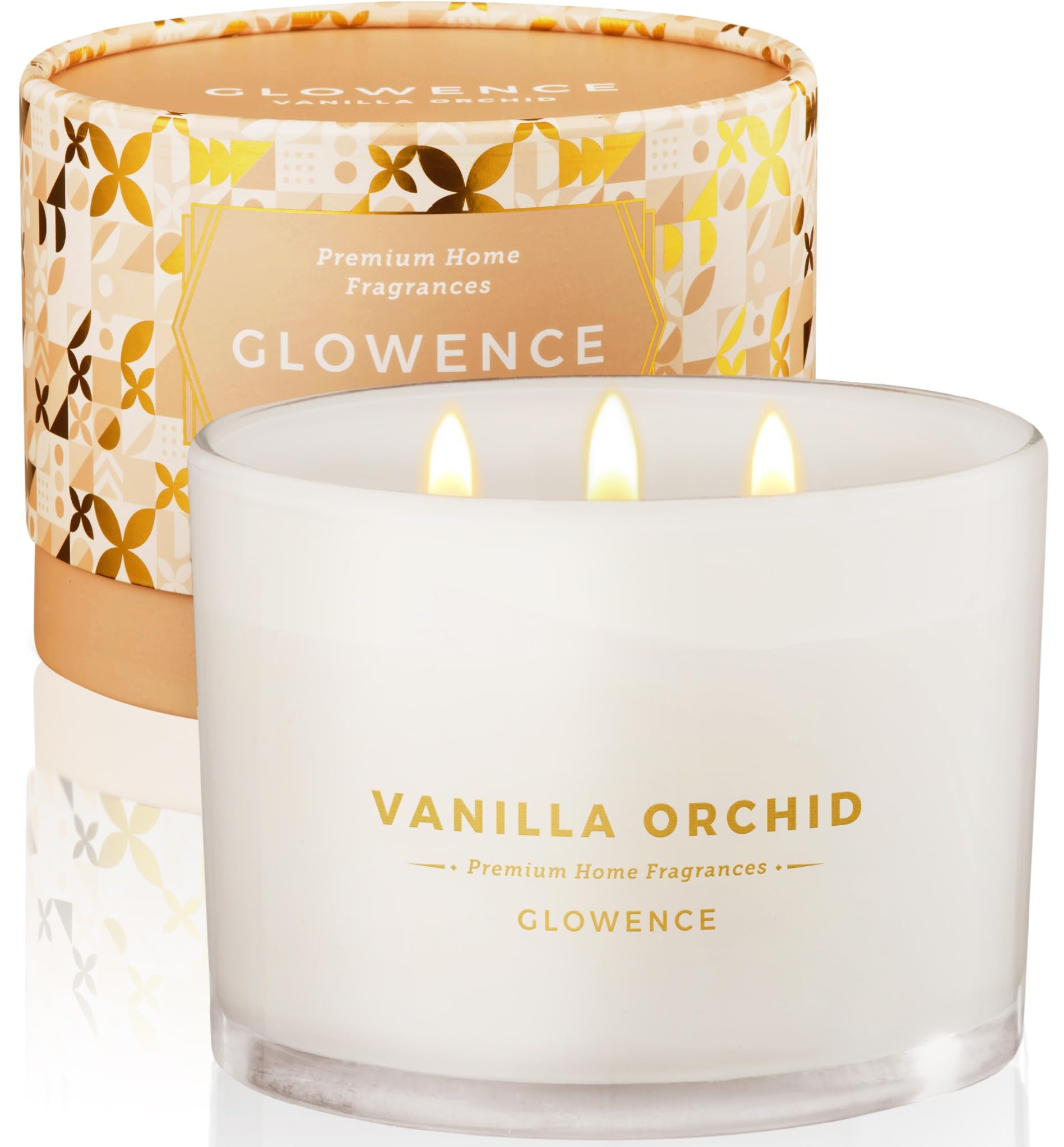 Glowence luxury vanilla scented candle in a large jar for a warm, welcoming glow.