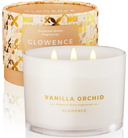 Glowence luxury vanilla scented candle in a large jar for a warm, welcoming glow.