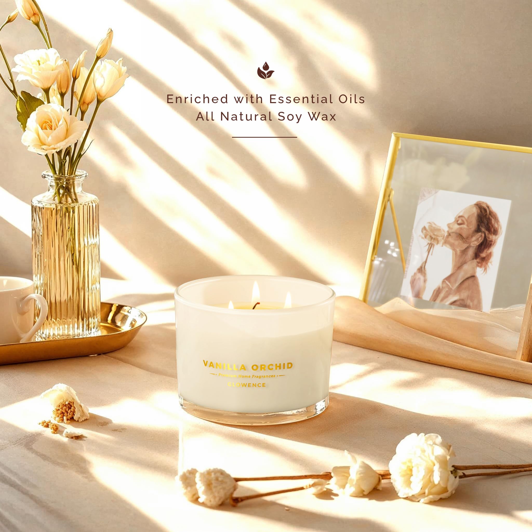 Glowence vanilla candle in a glass jar highlighting the elegant design and clean burn.