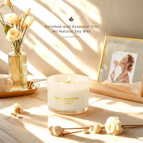 Glowence vanilla candle in a glass jar highlighting the elegant design and clean burn.