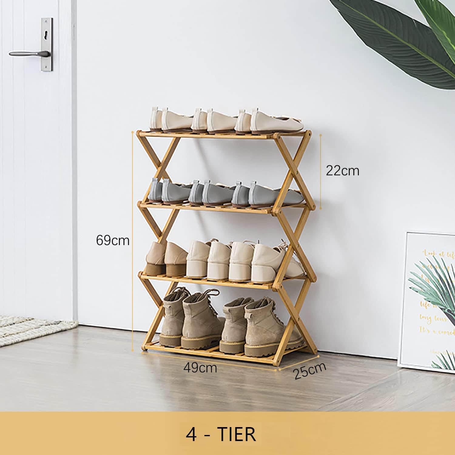 Glsety bamboo shoe rack front view shows compact design for small spaces.