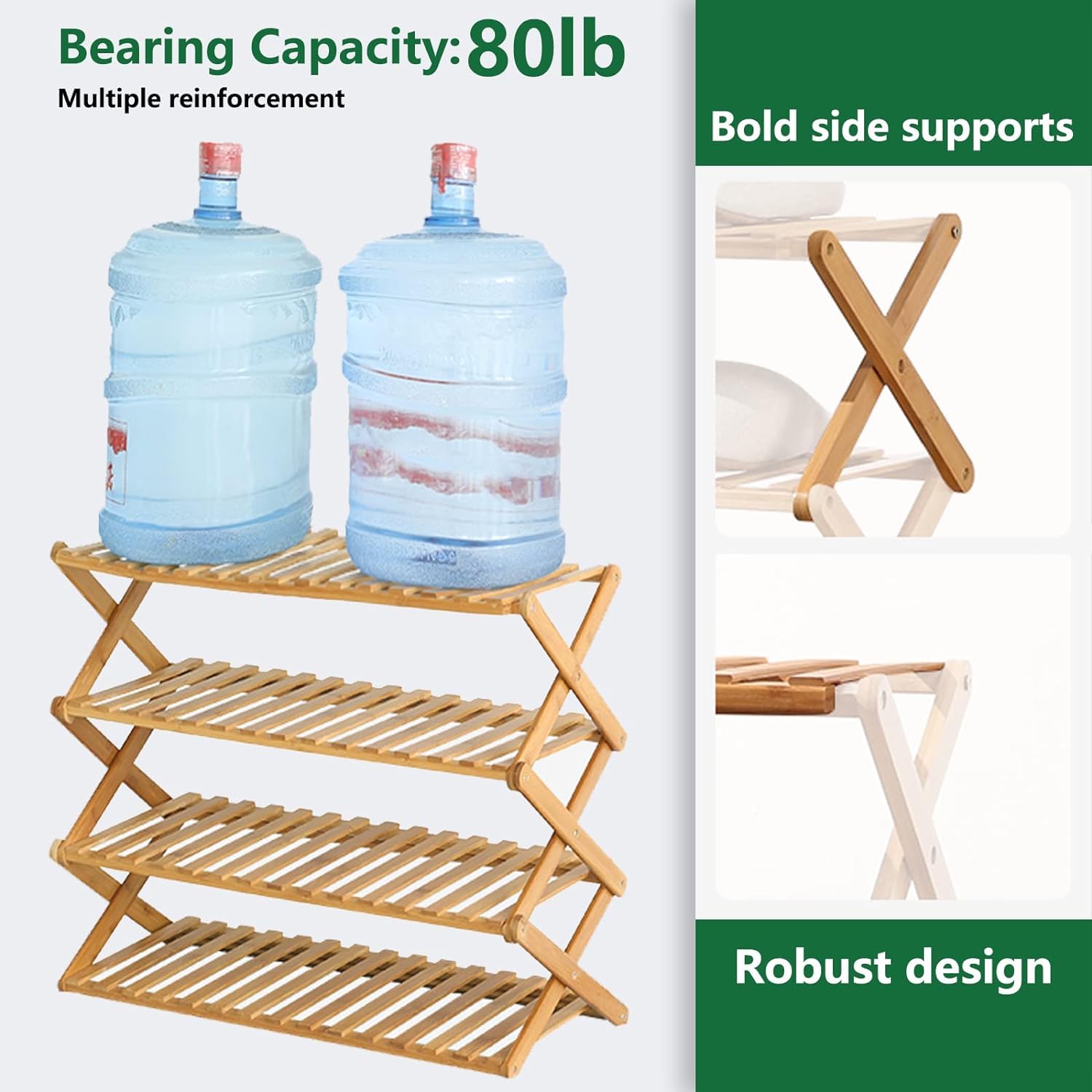 Glsety bamboo shoe rack side view emphasizes sturdy X-frame stability.