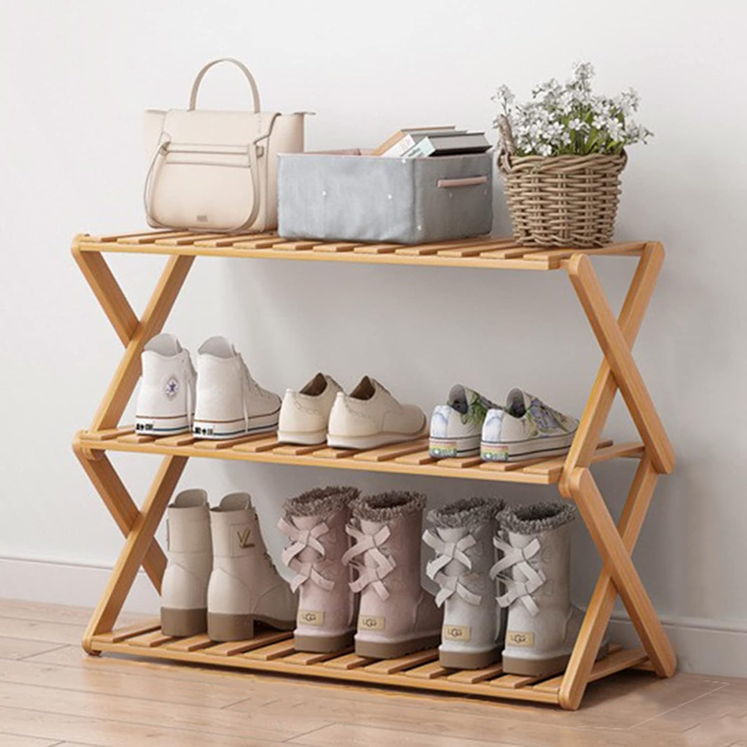 Glsety foldable 3-tier bamboo shoe rack compact frame for small spaces.