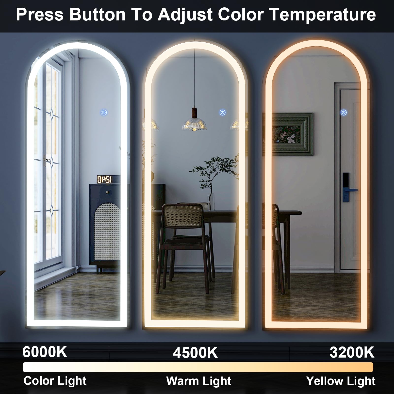 GLSLAND smart touch control mirror with memory recalls last lighting setting.