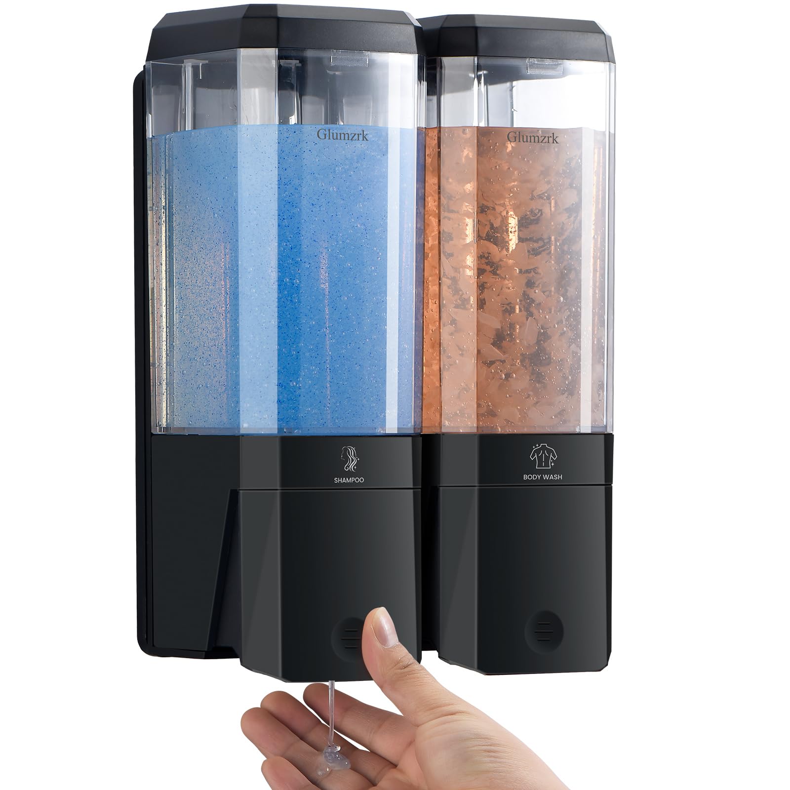 Glumzrk 2-chamber shower dispenser on the wall with pump saves counter space.