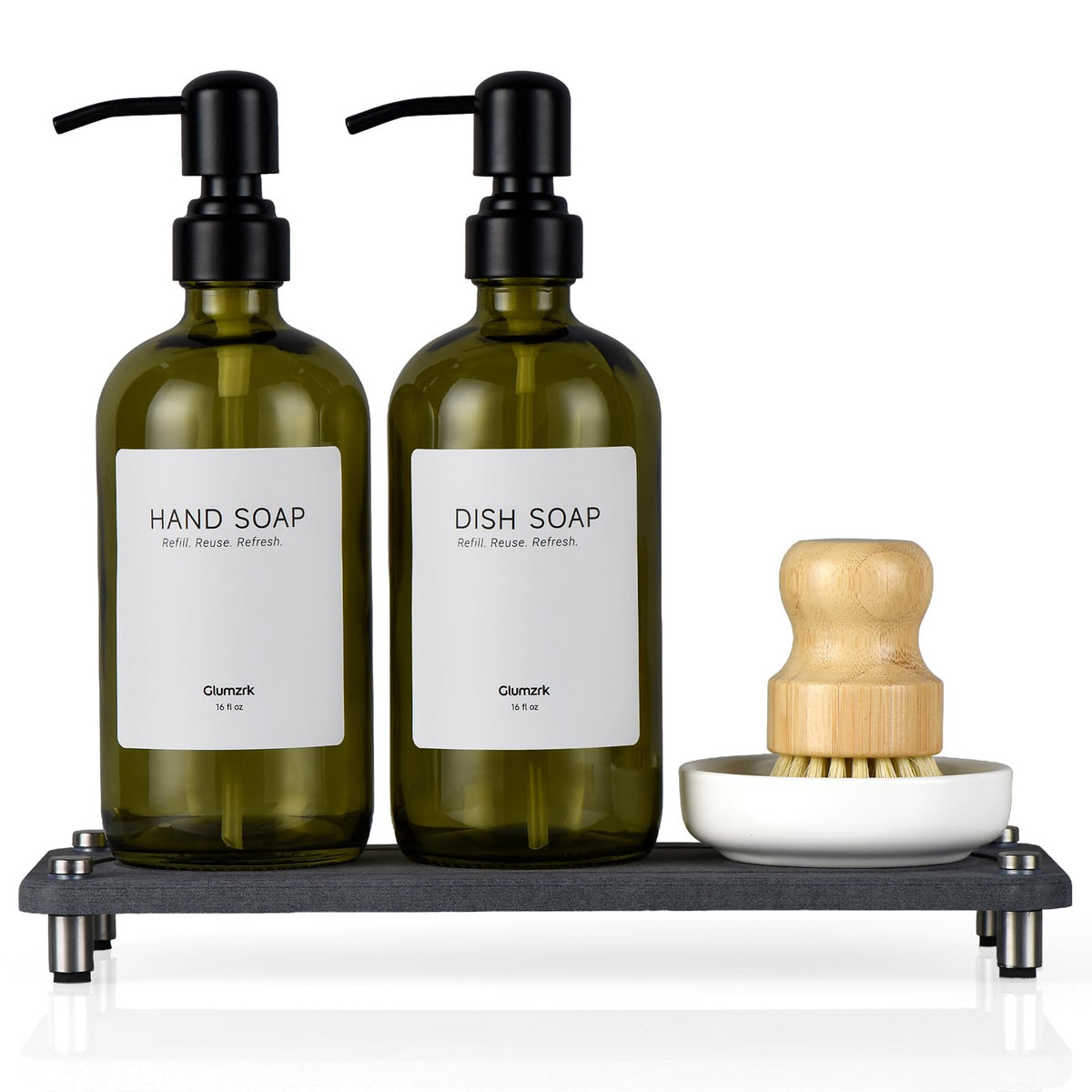 glumzrk 2 pack kitchen soap dispensers with 16oz glass bottles for clutter free counters