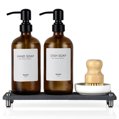 Glumzrk amber glass soap dispensers with black pumps for stylish sinks.
