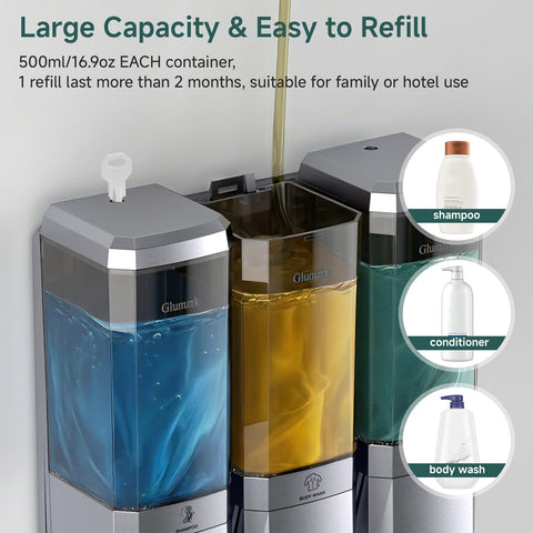 Glumzrk body wash dispenser with 500ml capacity reducing refills in busy bathrooms