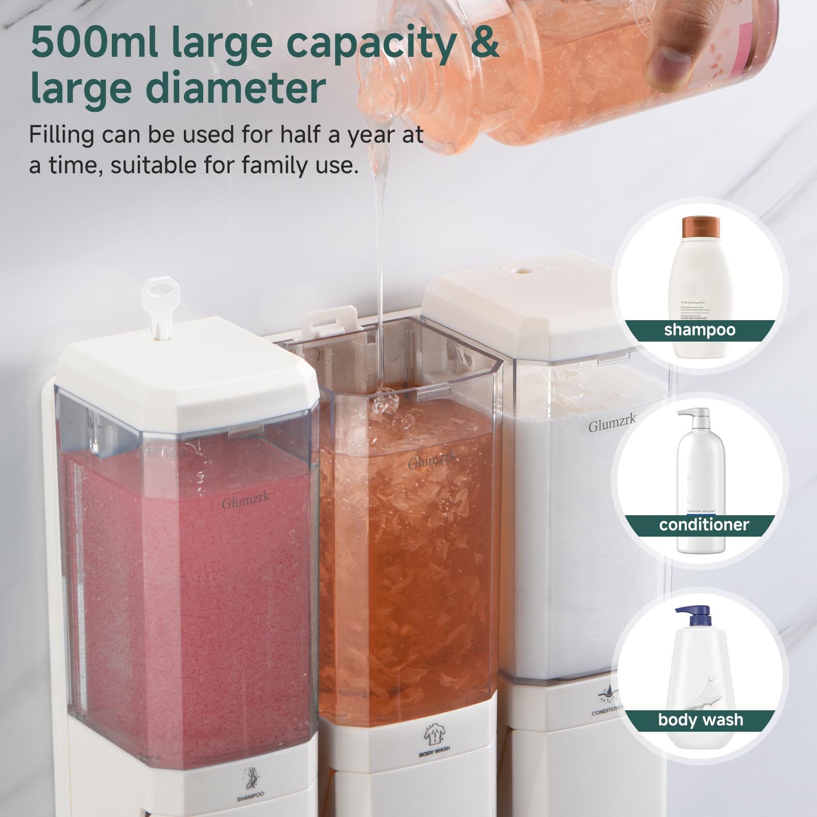 Glumzrk refillable 500 ml chambers show liquid level for easy refills.
