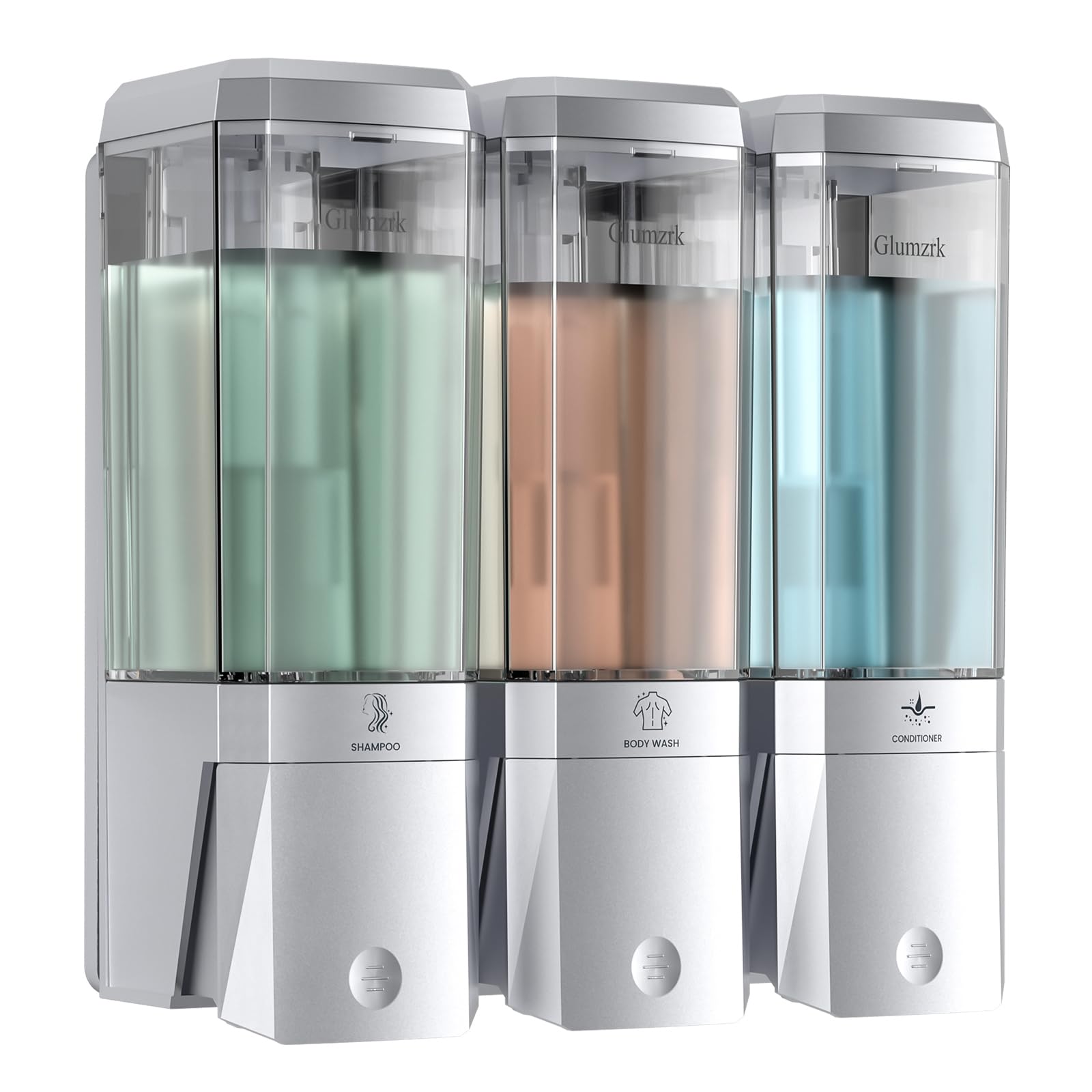 Glumzrk three-chamber shampoo dispenser keeps shower essentials organized.